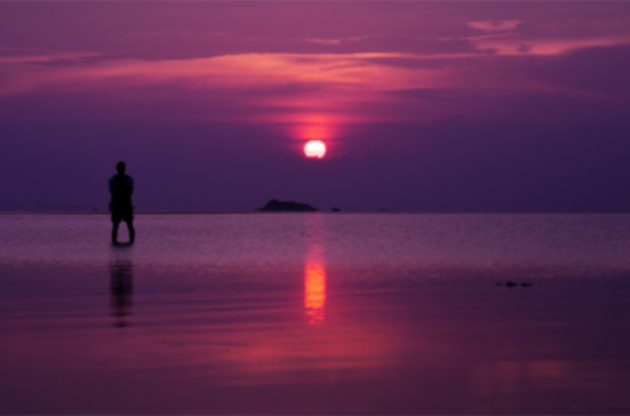 Person standing in the water, purposefully looking at the sunset.